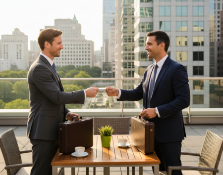 business card exchange in meeti تبادل بطاقات العمل في meeti